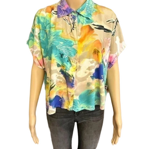 🎨 Retro Boho Floral Button-Up Shirt | Oversized Fit | Size S (fits XS- M)
